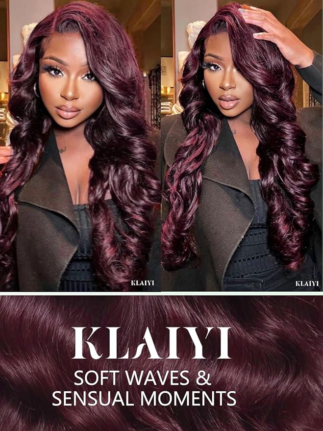 KLAIYI Black Cherry Loose Body Wave Bye Bye Knots Glueless Wig 7x5Precut Lace Front Wigs Human Hair Drawstring Pre Plucked Bleached 30S Ready to Wear and Go Wig with Face Framing Bangs Burgundy 14Inch