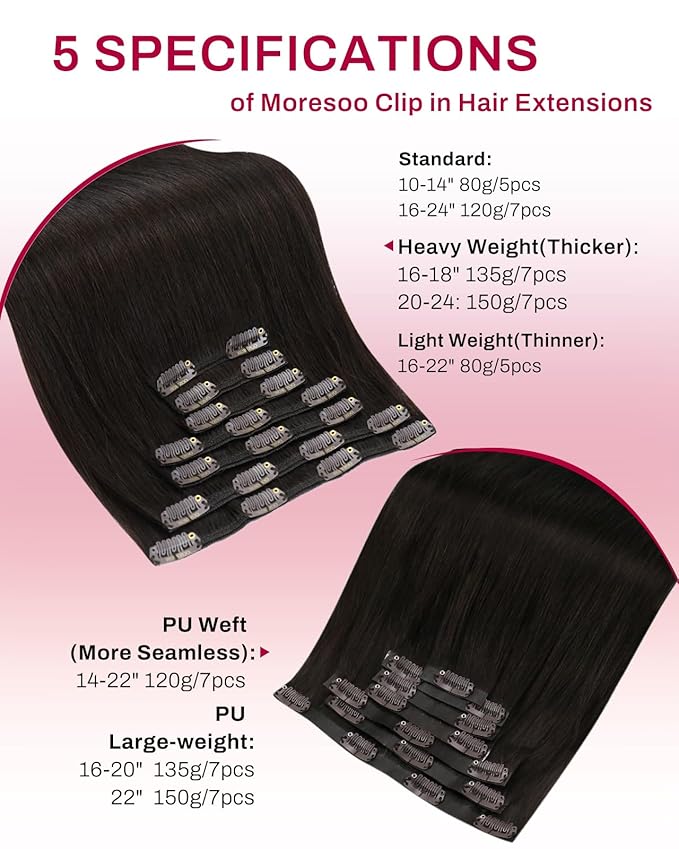 Moresoo Brown Clip in Hair Extensions Dark Brown Hair Extensions Clip ins Real Human Hair Thick 135g/7pcs Full Head 16 inch