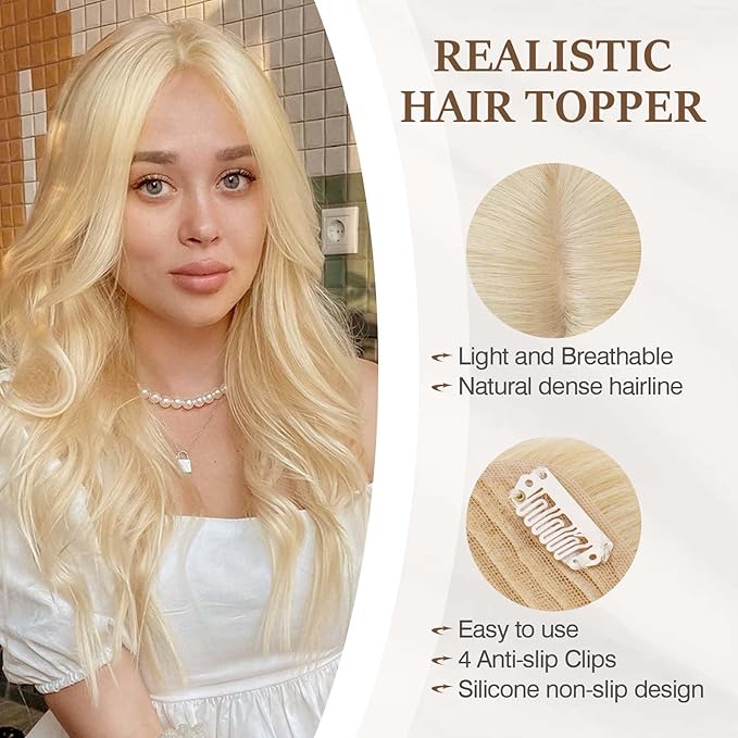 Rich Choices Hair Toppers for Women Real Human Hair 100% Human Remy Toppers NO Bangs for Women with Thinning on Top Clip in Hairpiece 4"x4.7"Lace Base 12 Inch #613 Bleach Blonde