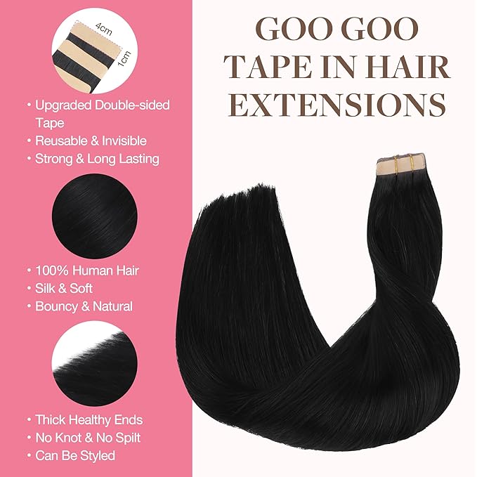 GOO GOO Tape in Hair Extensions Human Hair, 1 Jet black, 18inch 100g 40pcs, Skin Weft Seamless Invisible, Silky Straight with Thick Ends, Remy Human Hair