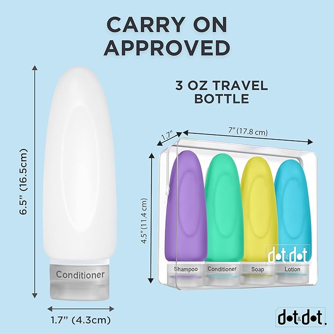 Dot&Dot Leak Proof TSA Approved Travel Bottles for Toiletries - 3oz Shampoo and Conditioner Travel Size Containers - Silicone With Labels