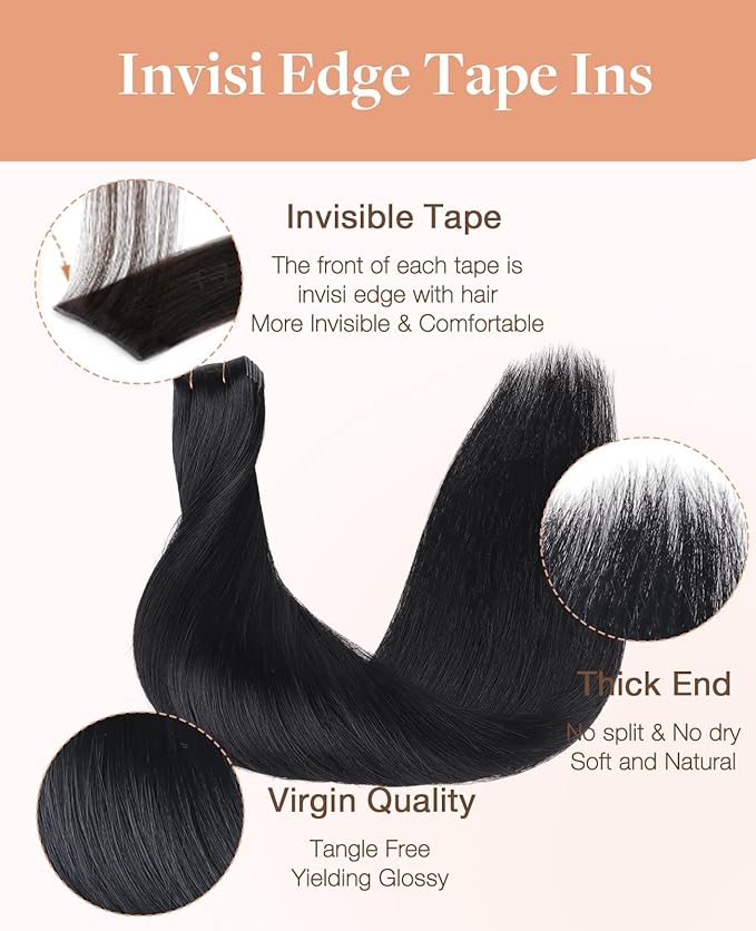 GOO GOO Invisi Edge Tape in Hair Extensions Human Hair, 1 Jet black 10pcs injected with 10pcs classical tape ins, 12inch 40g, Virgin Remy Hair, Natural Look