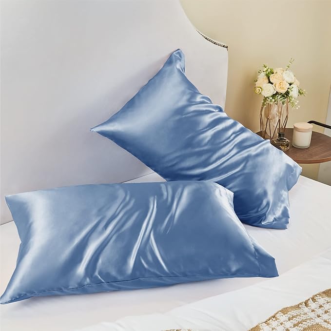 BEDELITE Satin Pillowcase for Hair and Skin, Super Soft and Cooling Similar to Silk Pillow Cases 2 Pack with Envelope Closure, Gift for Women Men(20"x40" King Size, Airy Blue)