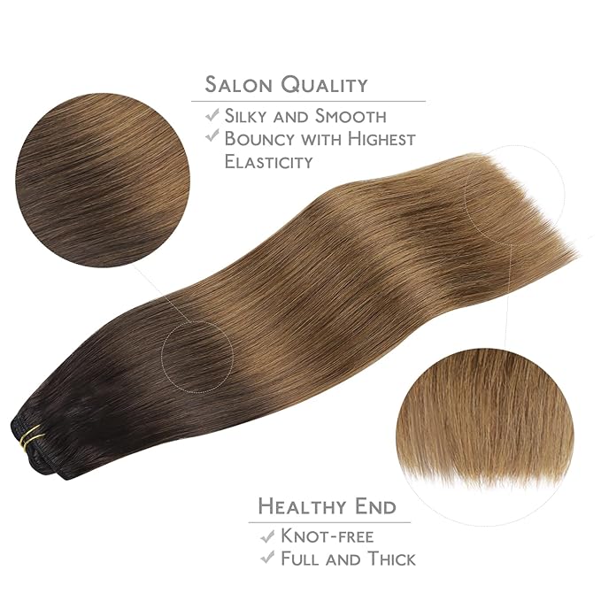 WENNALIFE Clip in Hair Extensions Real Human Hair, 14 Inch 150g 9pcs Remy Hair, Ombre Dark Brown to Light Chestnut Brown Straight Natural Extensiones De Cabello Humano Con Clip Ins