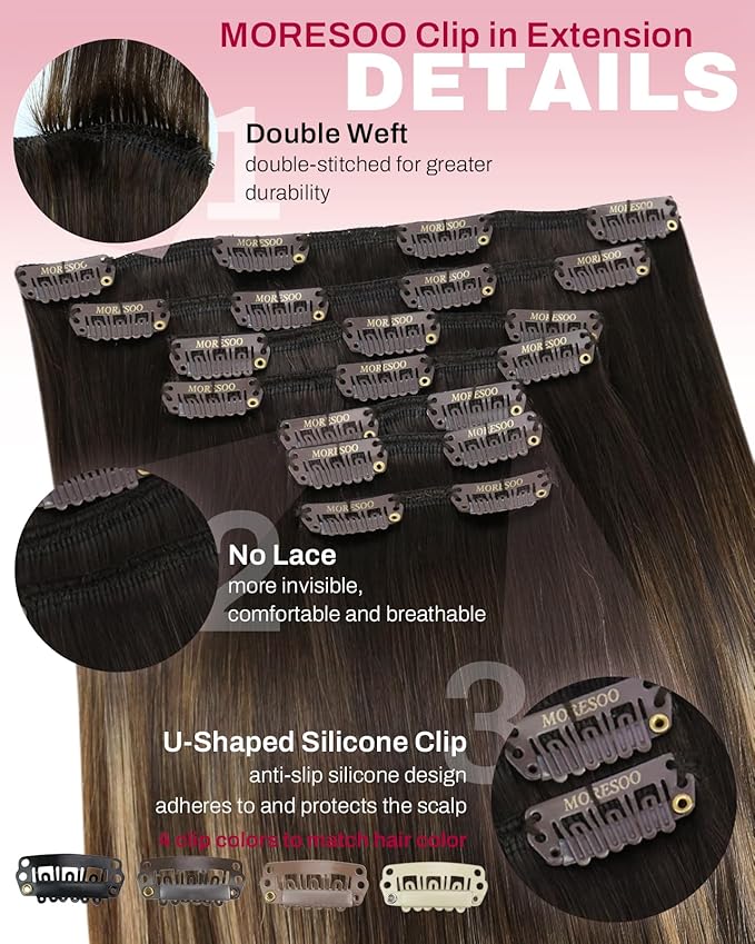 Moresoo Clip in Hair Extensions Balayage Dark Brown to Dark Ash Blonde with Dark Blonde Ombre Double Weft Real Human Hair Extensions Clip ins 7pcs/135g 18inch