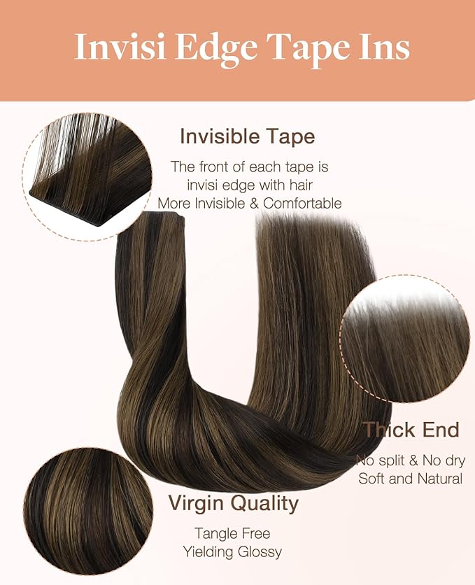 GOO GOO Invisi Edge Tape in Hair Extensions Human Hair, 2/6 Dark Brown Highlighted Chestnut Brown, 20pcs 24inch 50g, Virgin Remy Hair, Seamless Injected Tape, Natural Look