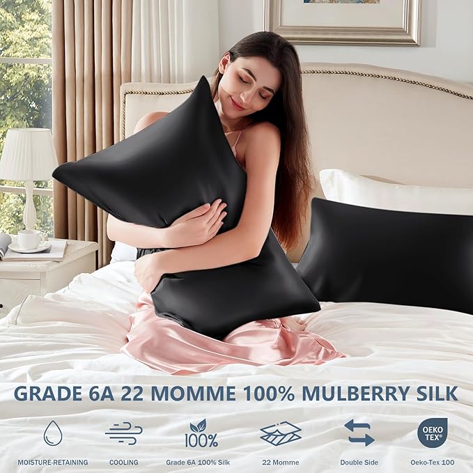 Silk Pillow Cases Queen Size 100% Mulberry Silk Pillowcase for Hair and Skin 22 Momme Both Side Grade 6A Silk Cooling Soft Breathable 20 x 30 Inches with Hidden Zipper 1PC, Black
