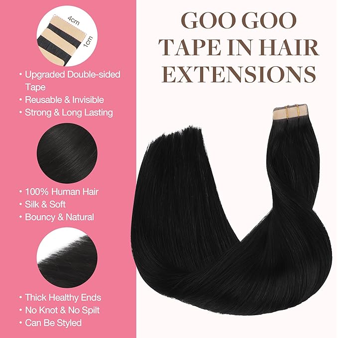 GOO GOO Tape in Hair Extensions Human Hair, 1 Jet black, 14inch 25g 10pcs, Skin Weft Seamless Invisible, Silky Straight with Thick Ends, Remy Human Hair