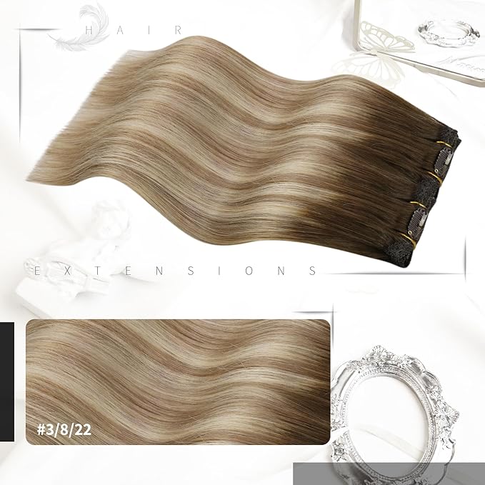 Moresoo Balayage Clip in Hair Extensions Remy Double Weft Hair Extensions Clip in Human Hair Ombre Brown to Light Brown with Golden Blonde 7Pcs 120G 22inch