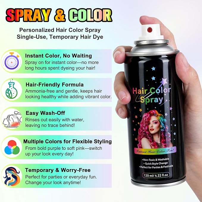 Temporary Hair Spray Color for Kids Women - One-Time Use Green Hair Spray, Vegan and Cruelty-Free Semi-Permanent Hair Color Dye (120ML, Purple)