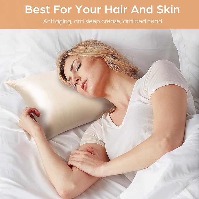Silk Pillowcase for Hair and Skin, 2 Pack 100% Mulberry Silk Pillowcase 25 Momme, 600 Thread Count, Both Side Pure Silk Pillow Cover with Hidden Zipper (Beige, Queen 20''×30'')