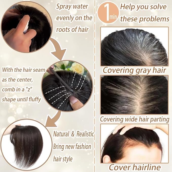 Amchoice Hair Toppers for Women Real Human Hair, Bangs Hair Clip 360° 3D Cover Bangs, Human Hair Toppers for Women Daily(P4/27, 3D French Bangs (5 * 9))