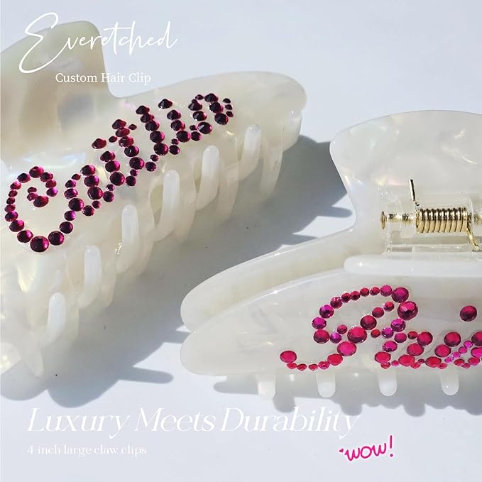 Personalized Colorful Name Hair Claw Clips for Women,Custom Hair Clips with Diamond,Cute Hair Accessories 4",Handmade Rhinestones Hair Clamp Gifts for Mom,Bride,Wife,Bridesmaid,Couples(Shell White)