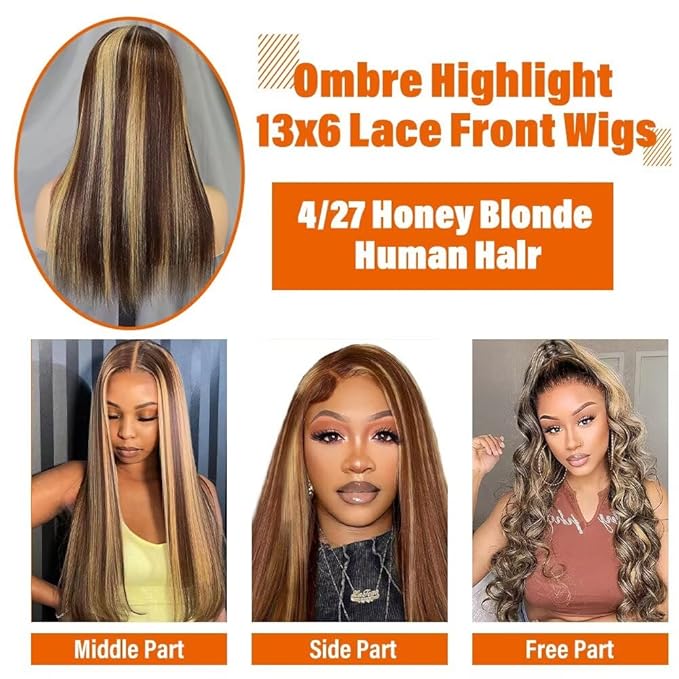 13x6 Ombre Lace Front Wigs Human Hair for Women 180 Density 4/27 Highlight Colored HD Transparent 26 Inch Straight Lace Front Wig Human Hair Pre Plucked Glueless Lace Frontal Wigs