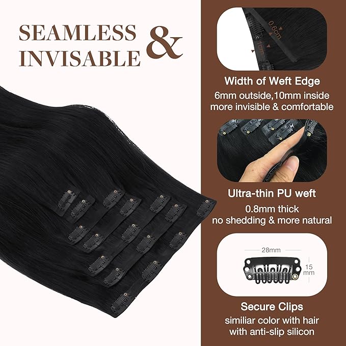 GOO GOO Clip in Hair Extensions Real Human Hair, Remy Human Hair Extensions Clip ins for Women, Natural Human Hair, 22inch 150g 7Pcs, 1 Jet black