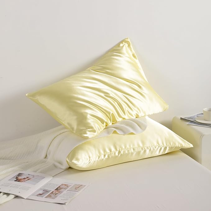 NTBAY 12 Pack Satin Queen Pillowcases for Hair and Skin, Luxurious and Silky Pillow Cases with Envelope Closure, 20 x 30 Inches, Light Yellow