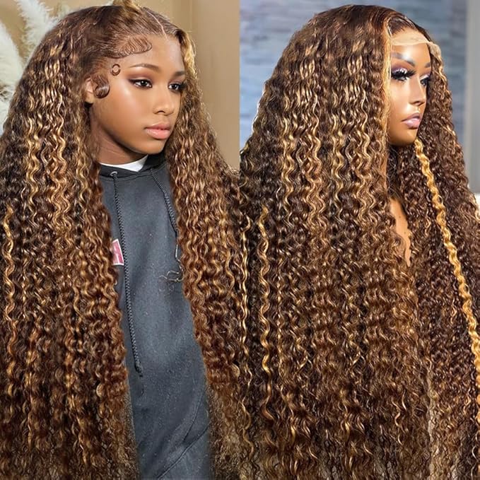 360 Deep Wave Lace Front Wigs Human Hair 220% Density Honey Blonde Deep Curly Human Hair wig Ombre Deep Wave 4/27 Highlight Lace Front Wigs Pre Plucked Wet And Wavy Water Wave Wig for Women 28 Inch