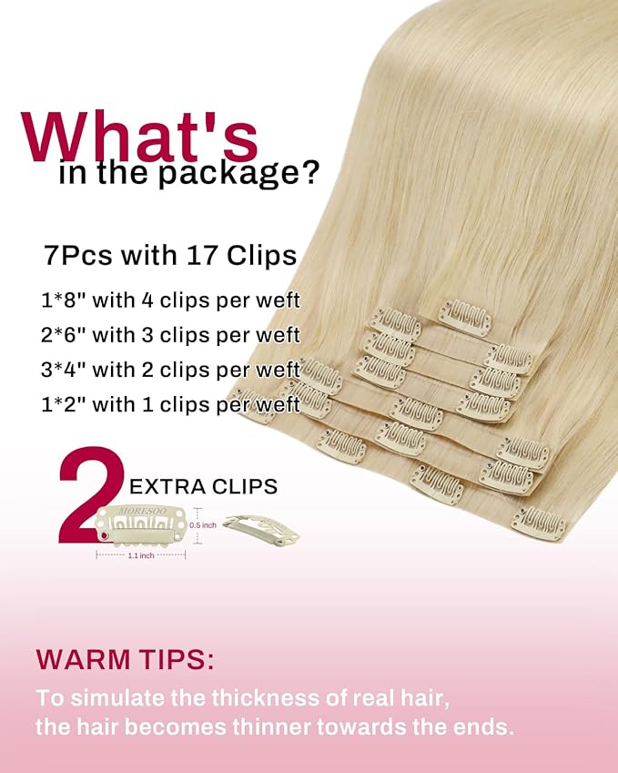 Moresoo Seamless Clip in Hair Extensions Human Hair Blonde PU Seamless Invisible Clip in Human Hair Extensions Golden Platinum Blonde #60 7pcs/120g 22inch