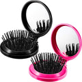 Boao 2 Pack Foldable Travel Mirror Hair Brushes Round Portable Folding Pocket Hair Brush Mini Comb Compact Travel Size Massage Comb for Men Women (Black, Rose Red)