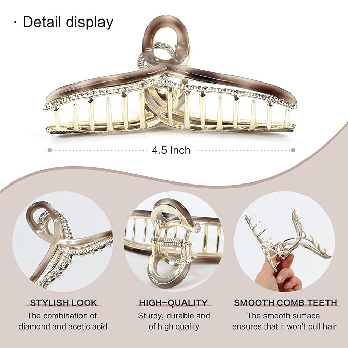 Large Metal Acetate Hair Claw Clips with Rhinestones, Gold Metal Hair Claw for Thick Hair, Strong Hold Non Slip Gold Hair Clips & Acetate Rhinestone for Women（Mermaid Amber）