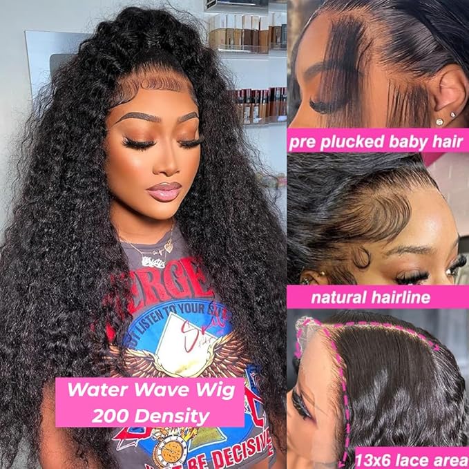 26 Inch Water Wave 13x6 HD Lace Front Wigs Human Hair Pre Plucked 200 Density Deep Part Curly Wig for Women Water Wave Frontal Wigs Human Hair