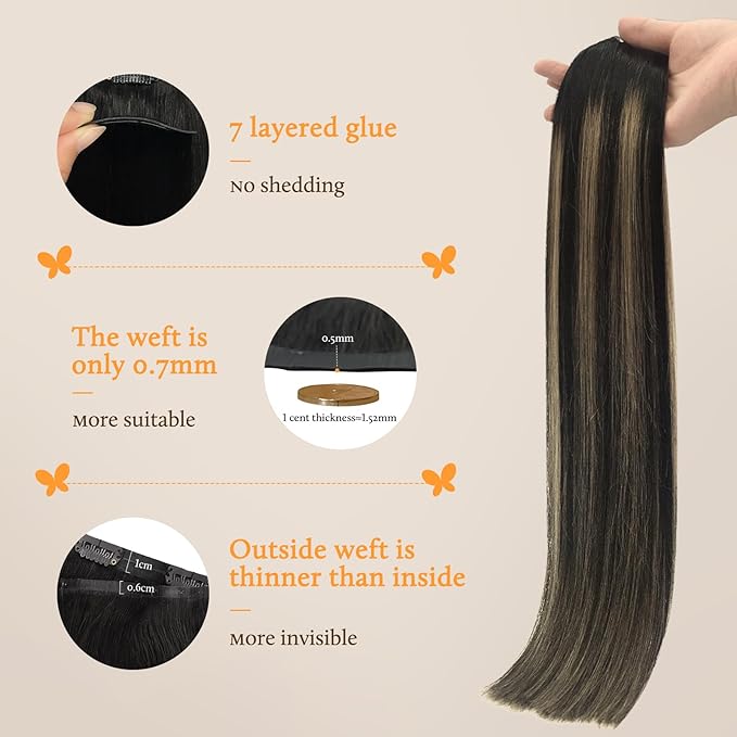 DOORES Human Hair Clip in Extensions - Natural Black to Light Blonde, 7pcs, 16 Inch, 130g - Seamless Remy Hair Straight Invisi Edge Thin Weft