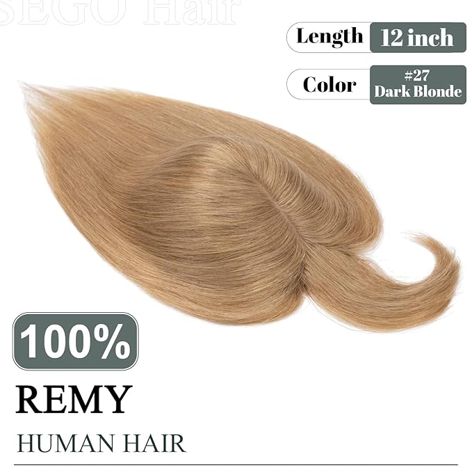 SEGO Hair Toppers for Women Real Human Hair with Thinning Hair, Toppers Hair Clip in Toppers Straight with Front Bangs 150% Density Silk Base -12 Inch #27 Dark Blonde