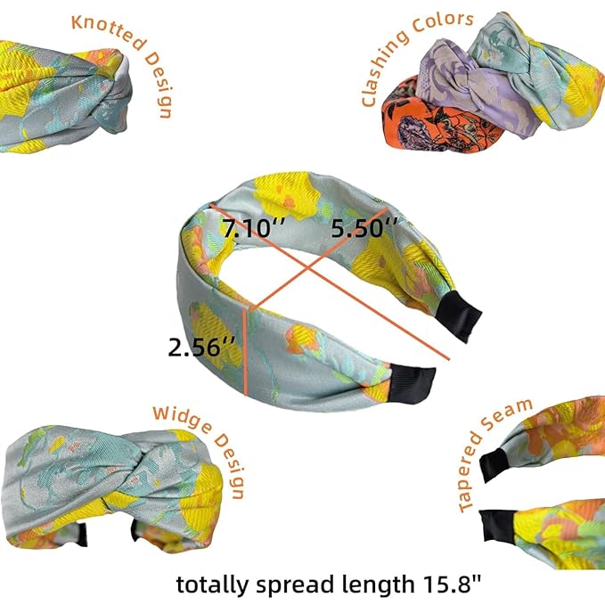 Prodaylab Twist Knotted Headbands for Women Trendy Fabric Embroidery Hair Elastics Wide Hair Bands Soft Non Slip Accessories Hairband for Girls (Arabesque)