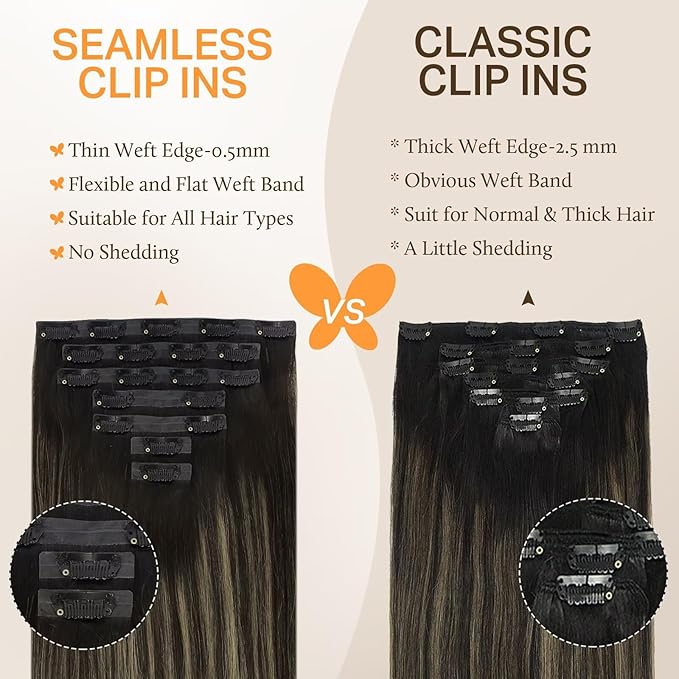 DOORES Hair Extensions Real Human Hair, Natural Black to Light Blonde, 9pcs, 14 Inch, 130g, Seamless Clip-In, Straight