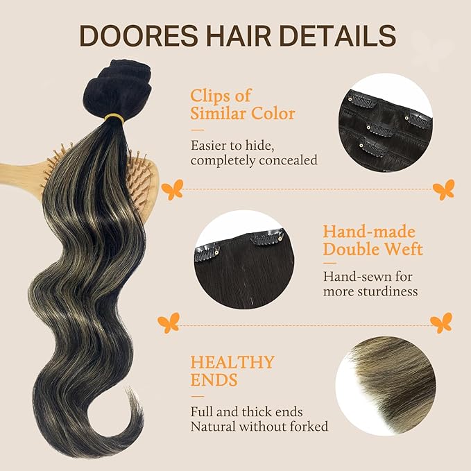 DOORES Clip in Hair Extensions Real Human Hair, Balayage Natural Black to Light Blonde 18 Inch 135g 7pcs, Extensions Real Remy Clip ins Natural Thick Weft for Women
