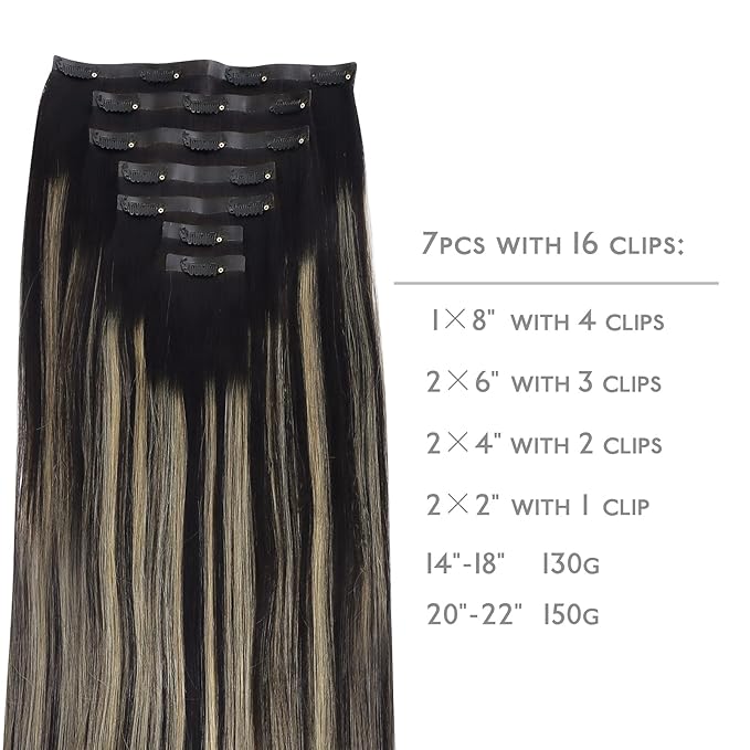 WENNALIFE Seamless Clip In Hair Extensions, 14 Inch 130g 7pcs Natural Black to Light Blonde Hair Extensions Clip in Human Hair Invisible PU Skin Weft Natural Remy Human Hair Extensions