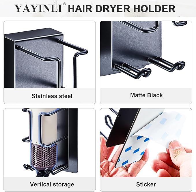 Blow Dryer Holder Wall Mount Hair Dryer Holder, Adhesive Straightener Holder, Curling Iron Holder for Bathroom Salon Barber Shop, Flat Iron Holder, Hair Tools Organizer Storage (Black)