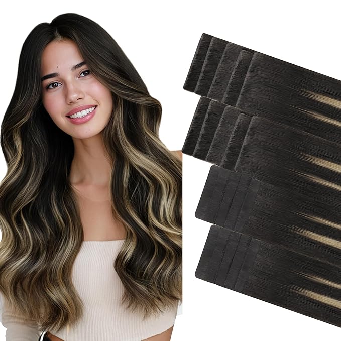 GOO GOO Invisi Edge Tape in Hair Extensions Human Hair, 1B/19/1B Natural Black to Light Blonde 10pcs injected with 10pcs classical tape ins, 16inch 50g, Virgin Remy Hair, Natural Look