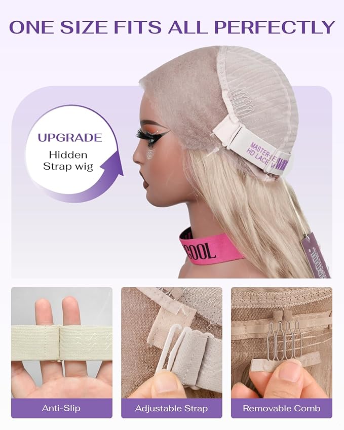 Hidden Strap Milk Tea Ash Blonde Wig Human Hair Body Wave 360 Lace Front Wig Human Hair Ombre Glueless Wigs Pre Bleached Bleached Knots 180% Density Drawstring HD Full Lace Wigs 28Inch