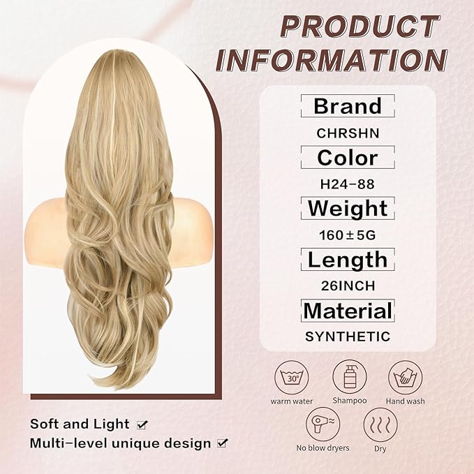 Blonde Ponytail Extension, Drawstring Ponytail Extension for Women 26 Inch Long Wavy Highlights Pony Tails Hair Extensions Synthetic Clip in Ponytail Hairpiece for Women(H24/88)