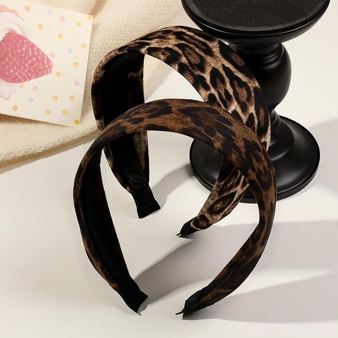 Ivyu 2 Pack Wide Leopard Headbands for Women, Non-Slip Elastic Hair Bands Soft Fabric Head Band for Daily Wear, Makeup, Travel Fashion Hair Accessories for Girls