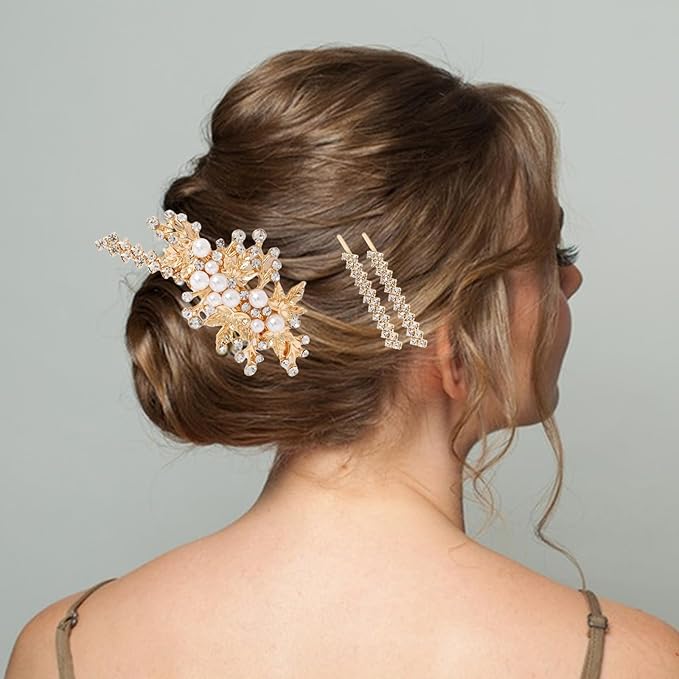 4PCS Gold Rhinestone Pearl Hair Clips, Wedding Bridal Leaf Hair Barrette, Sparkly Glitter Hair Pins Accessories for Women and Girls (Gold)