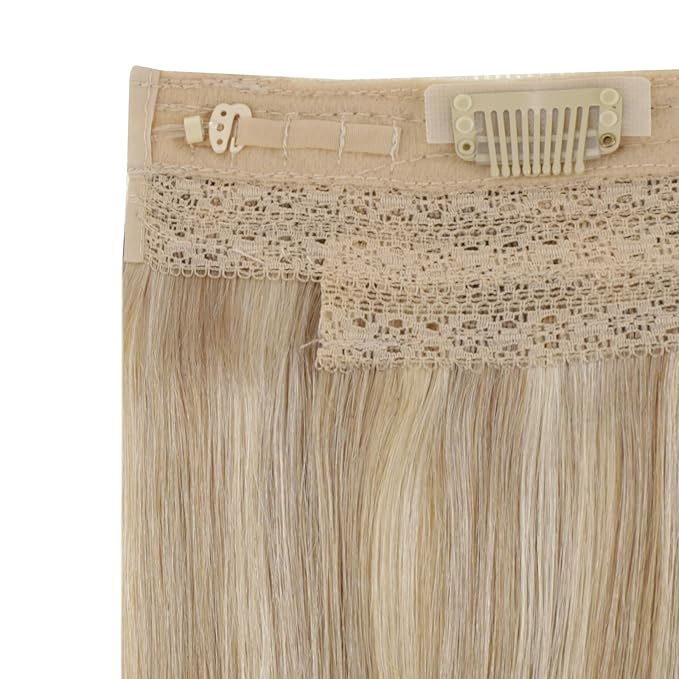 RUNATURE Invisible Wire Hair Extensions Real Human Hair with Transparent Wire, Fish Line Hair Extensions, Remy Soft Natural Hairpieces, Easy to Apply, 18 Inch 80g #16P22 Dark Ash Blonde Highlights