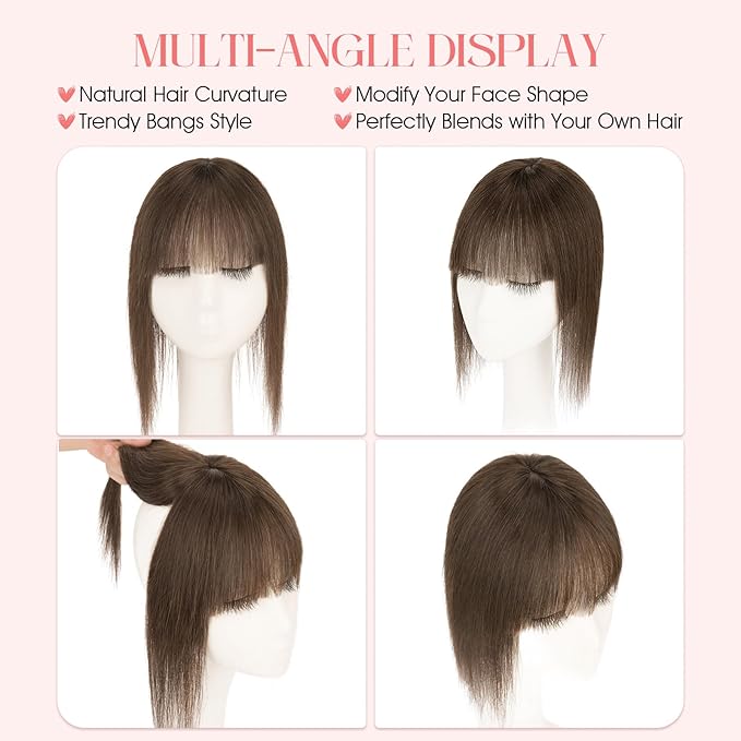 Hairro Mono Hair Toppers with Bangs, 3.4" x 3.4" Mono Base 100% Real Human Hairpieces for Women, 150% Density Clips In Topper for Greyish Thinning Hair, 14 Inch Cocoa Brown