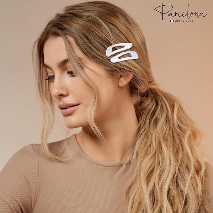 Parcelona French Mini Set of 4 Small Celluloid Acetate Snap Hair Clips No Slip Fashion Durable Styling Women Hair Accessories Girls Snap Hair Barrette, Made in France (Silver)