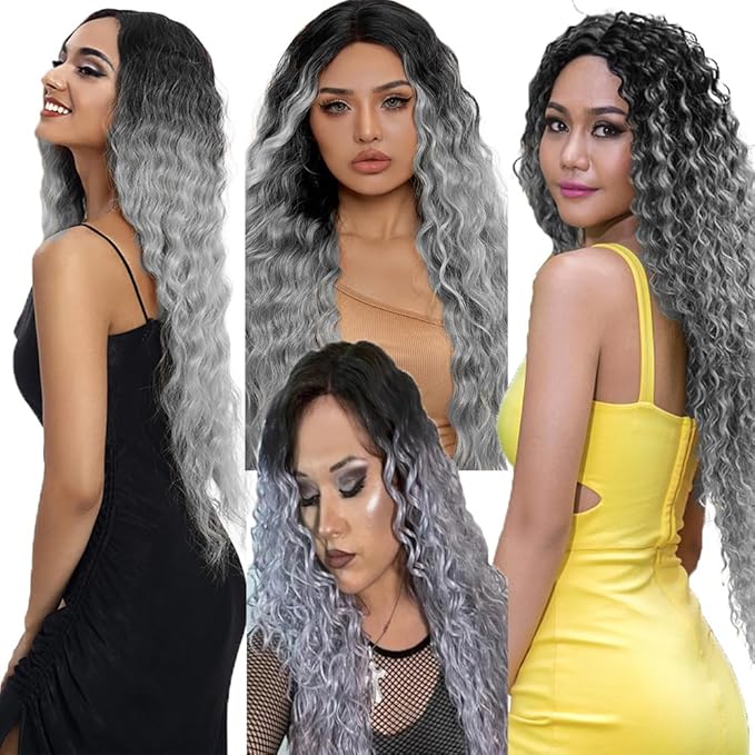 28 30 32 Inch Ombre Bundles Human Hair Grey Deep Wave Bundle Brazilian Virgin Remy Hair Extensions Double Weft 2 Tone Black and Silver Deep Wave Bundle Hair Weave 300g