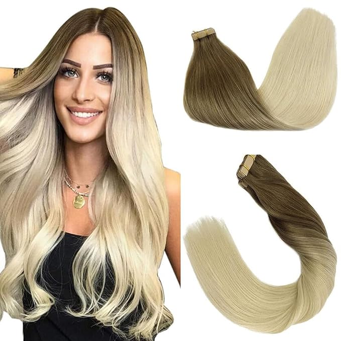 GOO GOO Tape in Hair Extensions Human Hair, 9/60 Balayage Ash Brown to Platinum Blonde, 16inch 50g 20pcs, Skin Weft Seamless Invisible, Silky Straight with Thick Ends, Remy Human Hair