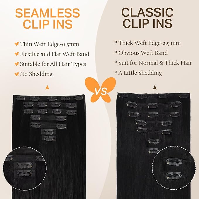 DOORES Seamless Clip in Hair Extensions Real Human Hair, Jet Black 110g 7pcs 20 Inch, Clip in Extensions with Skin Weft Remy Straight Hair Invisi Edge