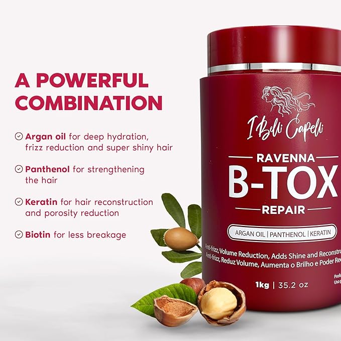 I Belli Capelli Ravenna Repair B-tox Hair Treatment -Cirugia Capilar Para El Cabello, Formaldehyde-Free, Long Lasting, Anti-Frizz, Smoothing, 35.2 oz (1kg)
