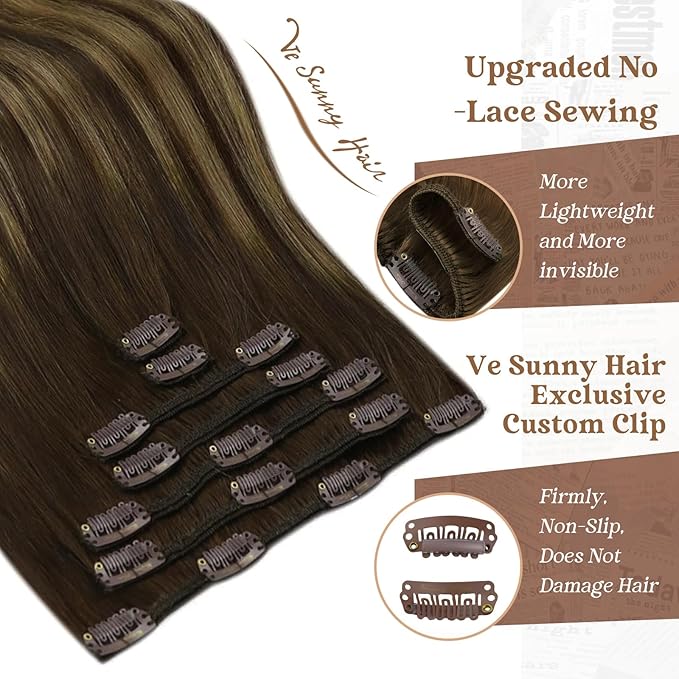 Ve Sunny Clip in Hair Extensions Real Human Hair Balayage Clip in Human Hair Extensions Ombre Brown with Blonde Clip on Extensions for Women Long Straight Hair 24inch 120g 7Pcs