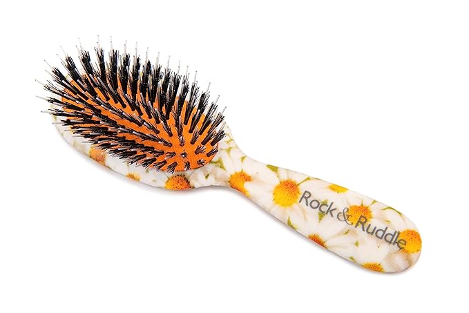 Rock & Ruddle Natural Mixed Boar Bristle Hair Brush for Women and Kids (Small/Travel Size, 17.5cm) - Perfect for Wet or Dry Hair, Detangling Smoothing Blowdrying - Made in UK - Dizzy Daises