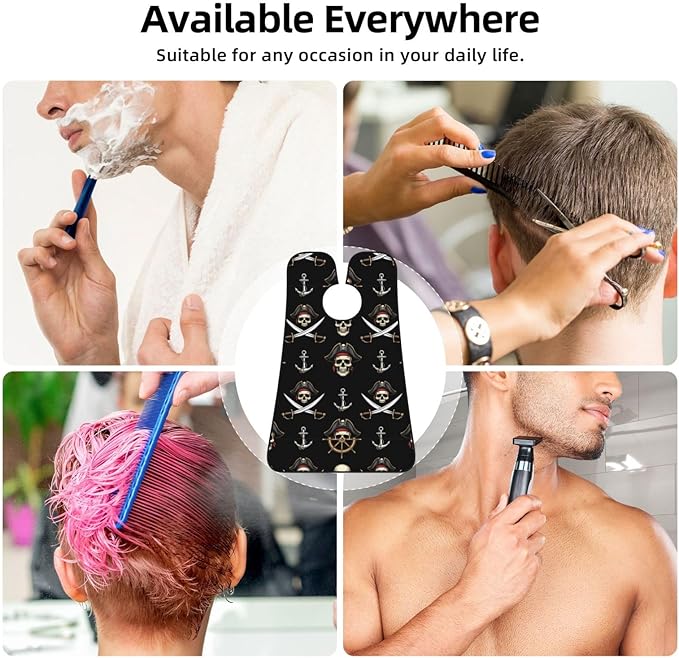 Beard Bib with 3 Suction Cups, Non-Stick Waterproof Hair Catcher Apron, Men's Shaving Essential for Grooming, Nautical Anchor Pirate Skulls Shave Bib