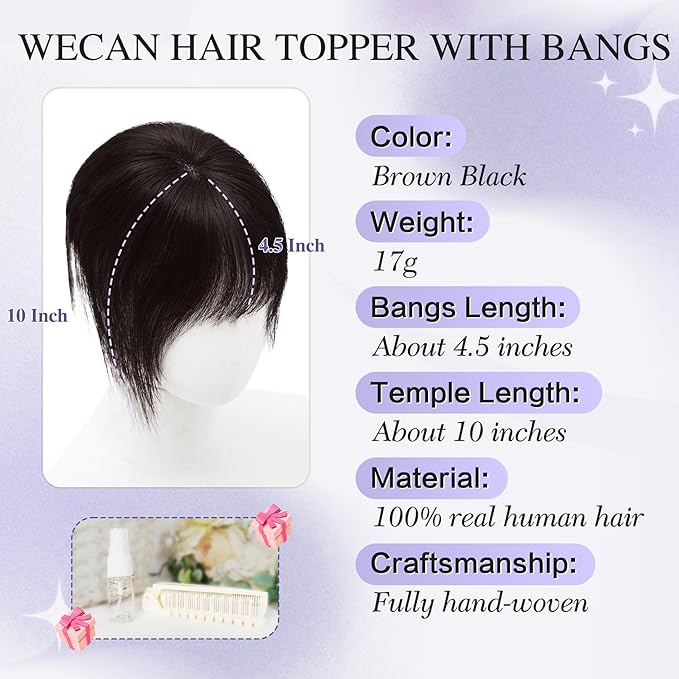 Hair Toppers for Women Real Human Hair 3D Bangs Clip 100% Human Toppers for Women 10 Inch Clip in Bangs Hairpieces(Brown Black)