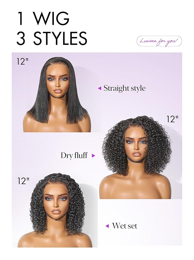 LUVME HAIR Wet and Wavy 5x5 Closure Water Wave Short Curly Bob Glueless Wigs Human Hair Pre Plucked Pre Cut Lace Side Part 100% Human Hair Wig 16 Inches