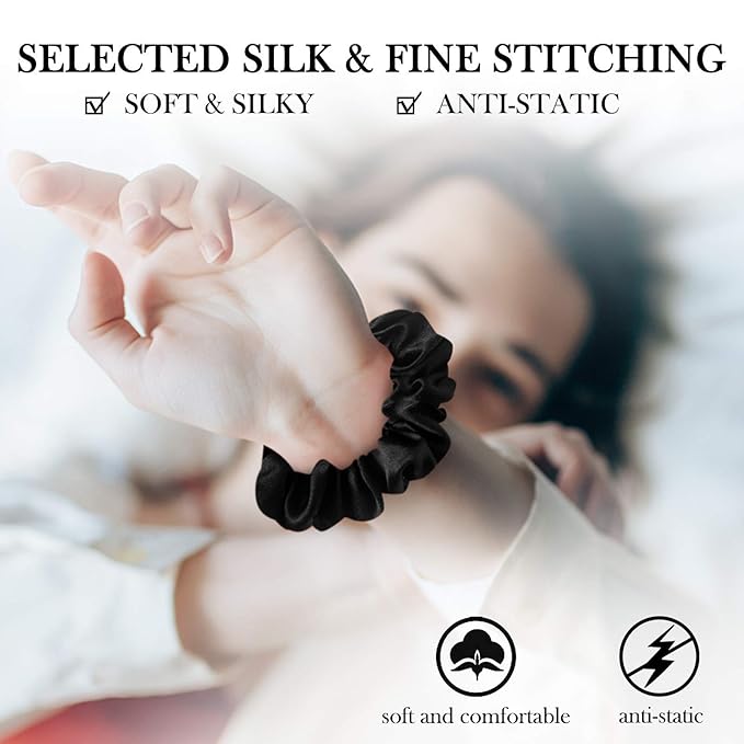 Silk Scrunchies for Women - 100% Mulberry Silk Hair Ties, 3 Pack, No Damage Elastic Ponytail Holders (Brown, Black, Pink)